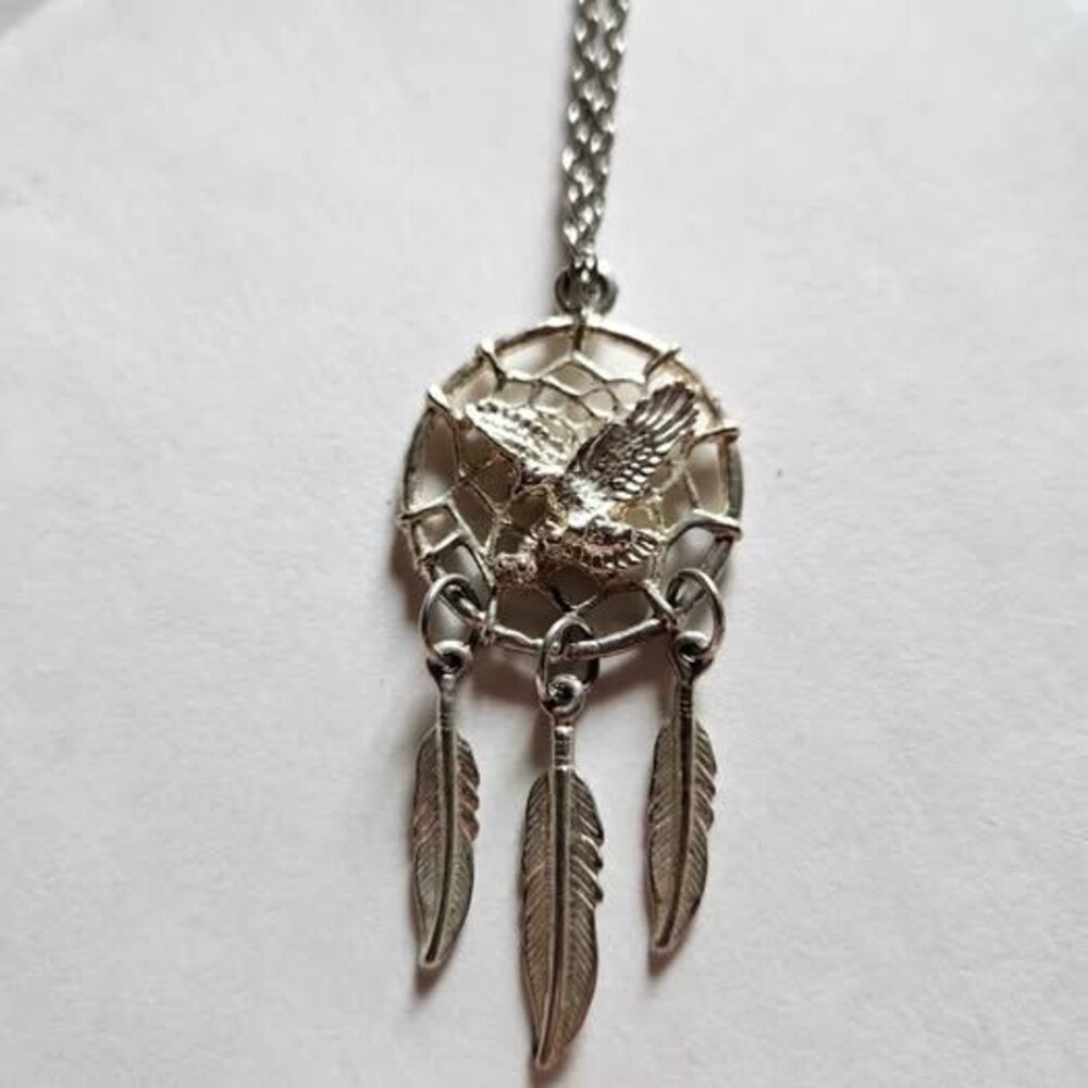 Vintage Silver-Tone Dreamcatcher Eagle Pendant Necklace, Southwestern Feather Ch
